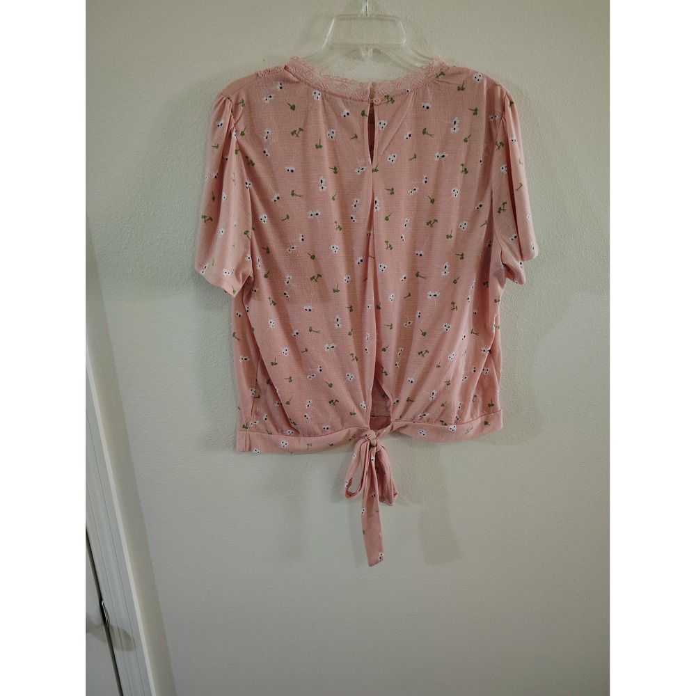 Luna Moon Pink Floral Lace Trim Tie Front Blouse Short Sleeve Plus Size 2XL - Picture 3 of 3